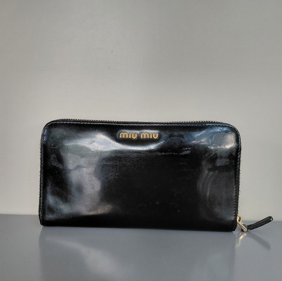 Miu Miu Shiny Black Leather Zip Wallet